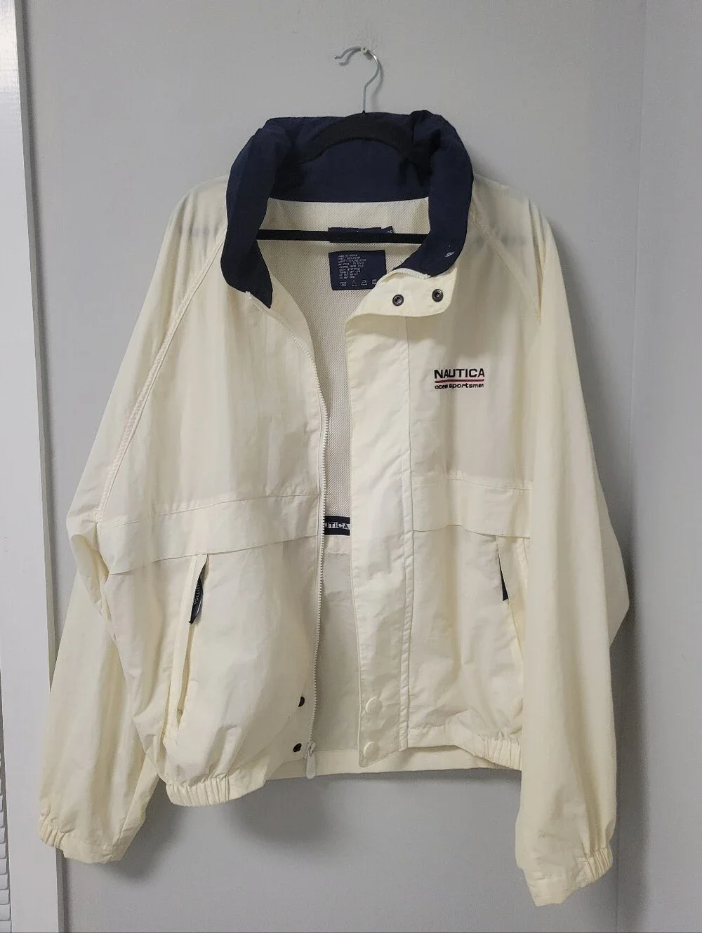 Vintage Nautica Ocean Sportsman Jacket Mens XL Ivory Navy Hidden Hood Sailing